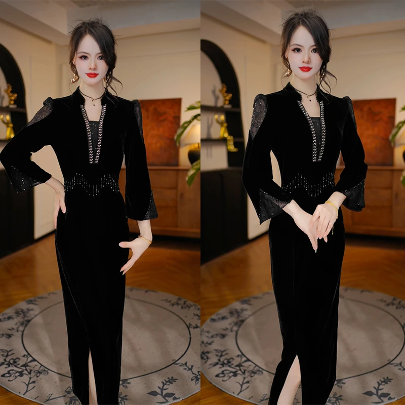 【暗夜流光】2025秋季新款收腰显瘦洋气减龄轻奢女人味黑色连衣裙