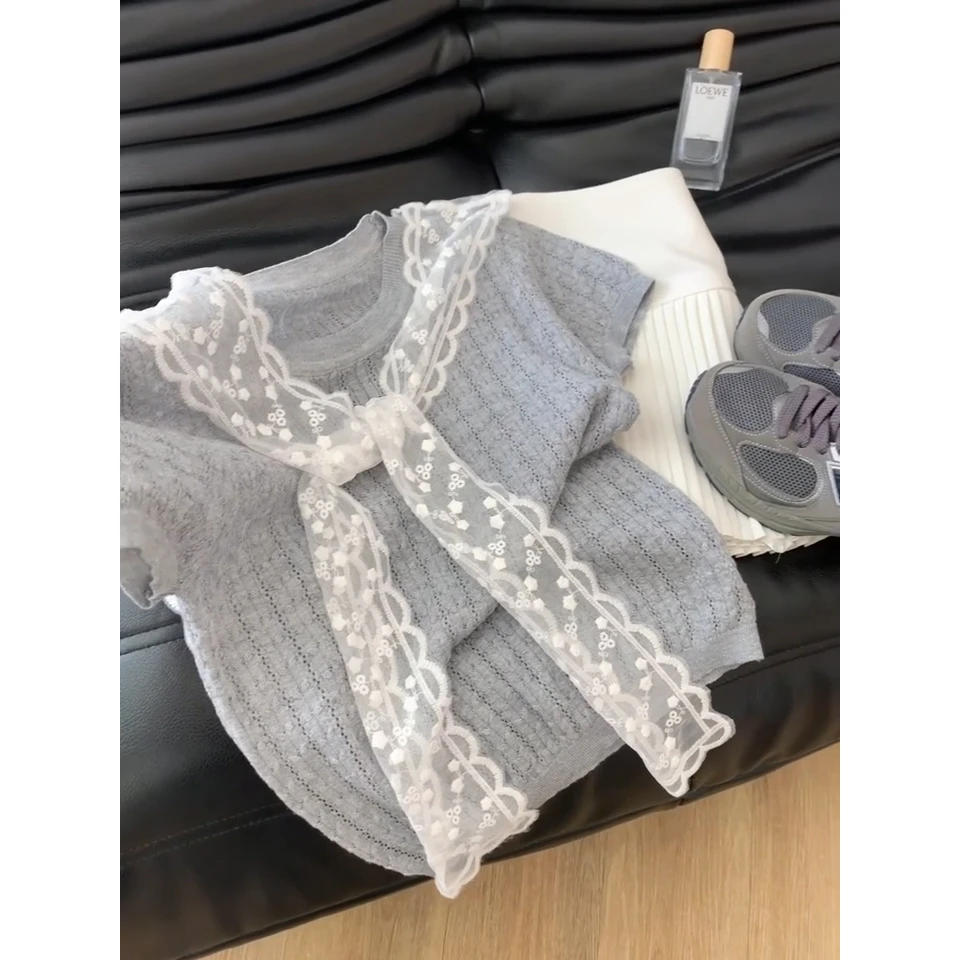 灰色洋气气质蕾丝披肩短袖针织衫2025新款夏季设计感薄款百搭上衣