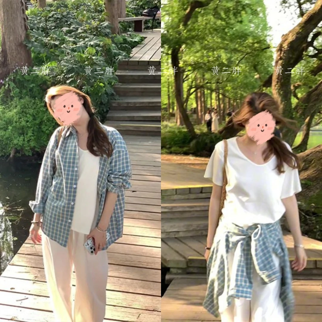 蓝色格子防晒衬衫外套女夏季2025新款韩系百搭衬衣短袖裤子套装