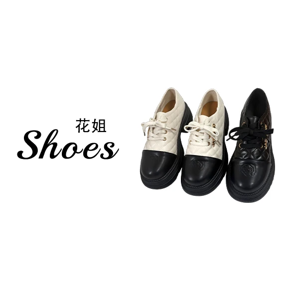 时尚山茶花小香风系带拼色厚底百搭乐福鞋