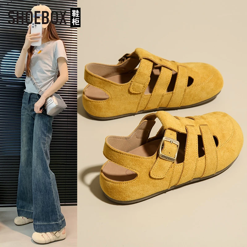 SHOEBOX鞋柜复古森系包头凉鞋女夏新款外穿镂空勃肯鞋罗马凉鞋