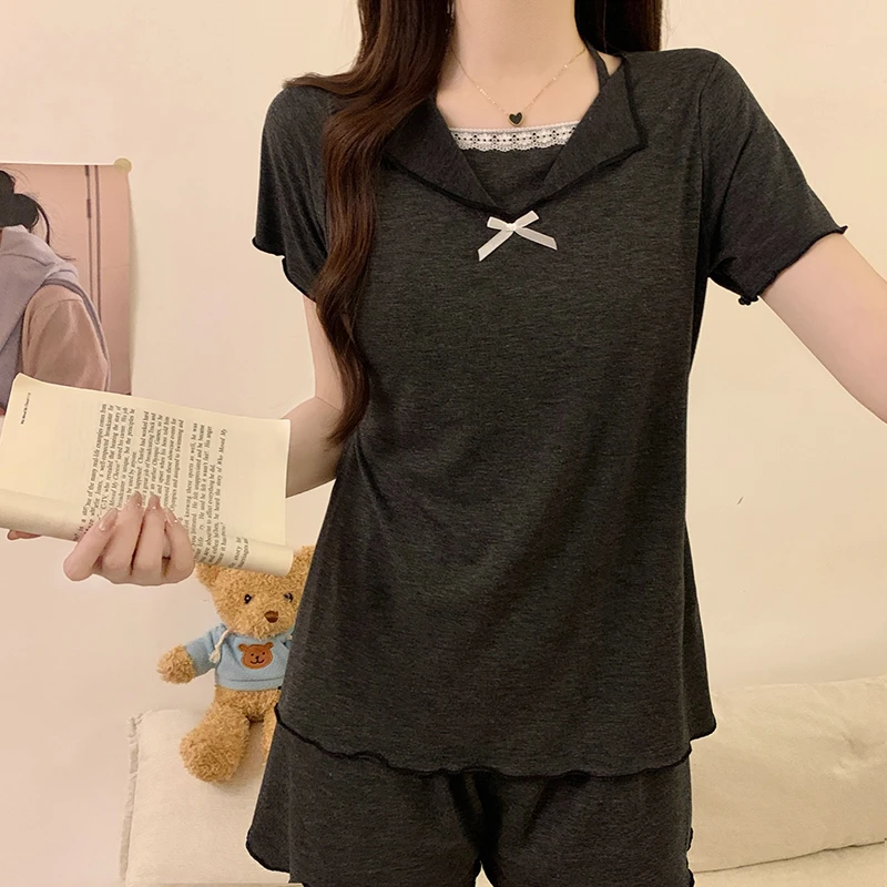短袖睡衣女款夏季莫代尔2025新款夏天休闲带胸垫一体小翻领灰套装