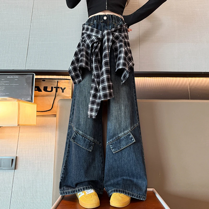 女童牛仔裤春秋款儿童中大童宽松直筒裤女孩阔腿裤秋季新款高腰潮