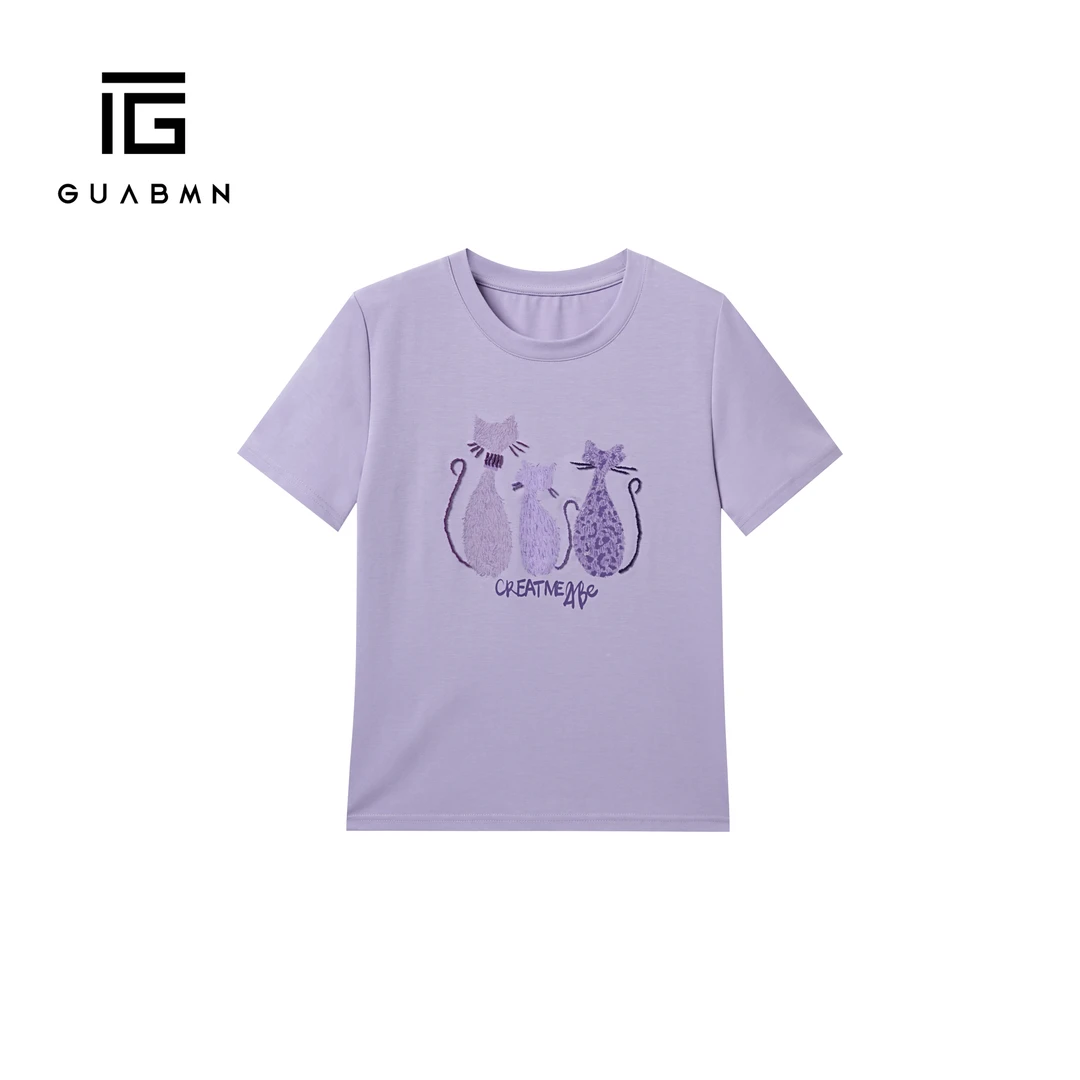 GUABMN2025年夏季新款立体可爱猫咪刺绣圆领舒适短袖T恤5078