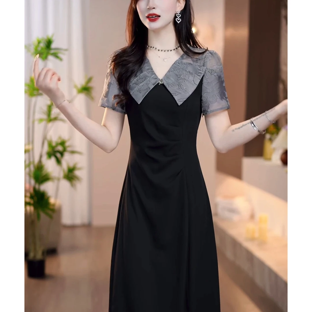 时尚法式短袖连衣裙2026夏季新款气质显瘦中长款假两件V领休闲裙