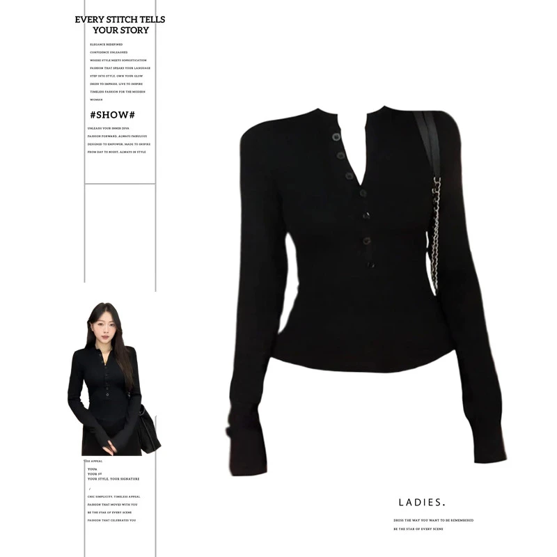 大码胖mm黑色半开领正肩长袖T恤女秋新款修身显瘦设计感内搭上衣