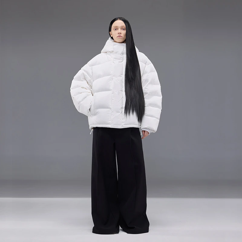 Aeaea黑色白色泡芙超大廓形毛毛连帽羽绒服90白鸭绒2024秋冬