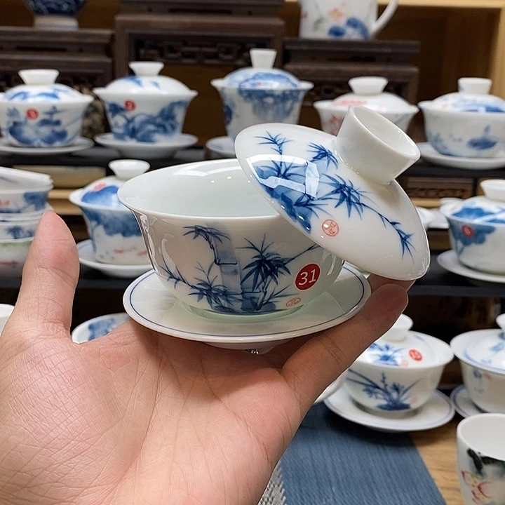 手绘竹子悬停盖碗釉下彩微瑕福利