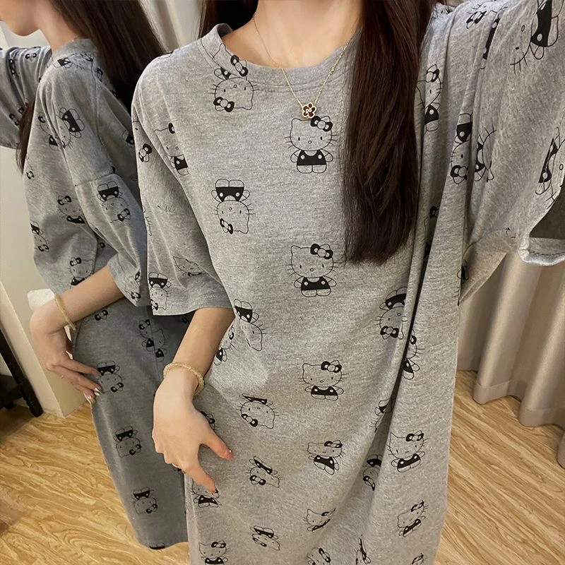 睡裙夏季短袖可爱卡通凯蒂猫网红睡衣女夏天宽松女士春秋款家居服