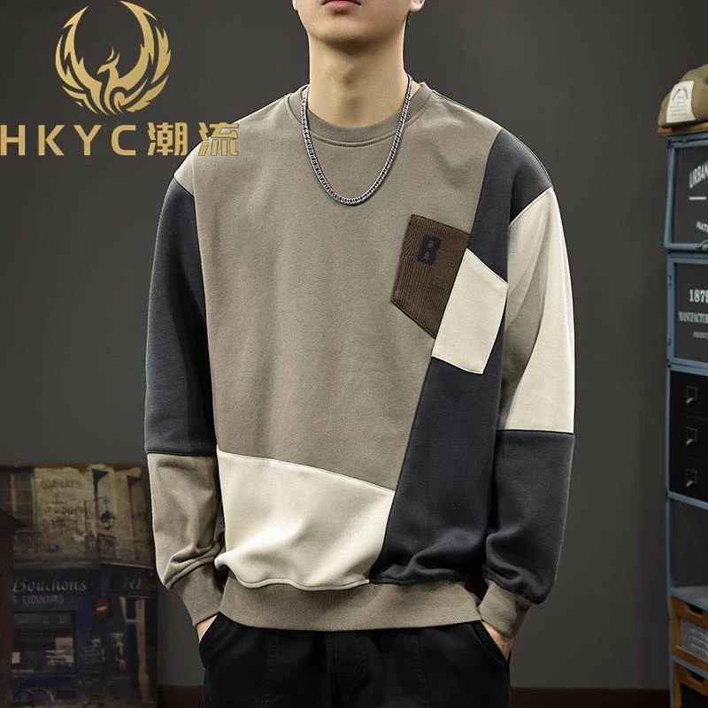 HKYC新款上衣2025长袖厚棉T男潮牌宽松大尺码拼接男士休闲外套潮