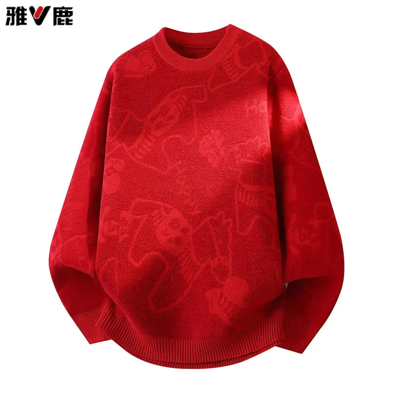 雅鹿2026新款男红色本命年针织衫圆领慵懒宽松学生青少年休闲毛衣