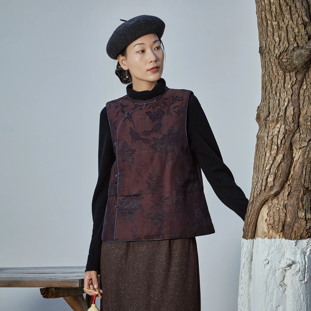 布小匠原创设计桑蚕丝提花香云纱夹棉马甲女2025新款冬季国风马夹