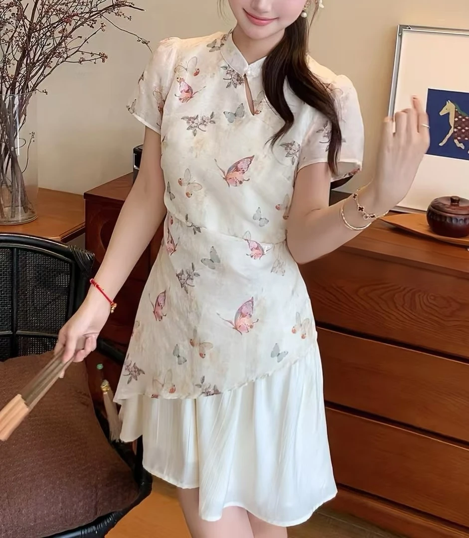 老赵服饰 新中式国风蝴蝶印花改良旗袍假两件收腰连衣裙21AU3700
