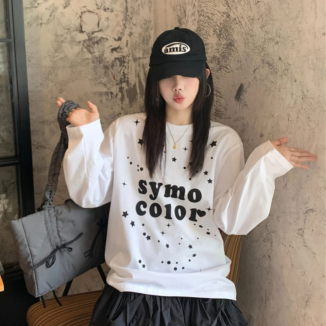 SYMOCOLOR 2025星星字母印花圆领长袖T恤女慵懒宽松百搭休闲上衣