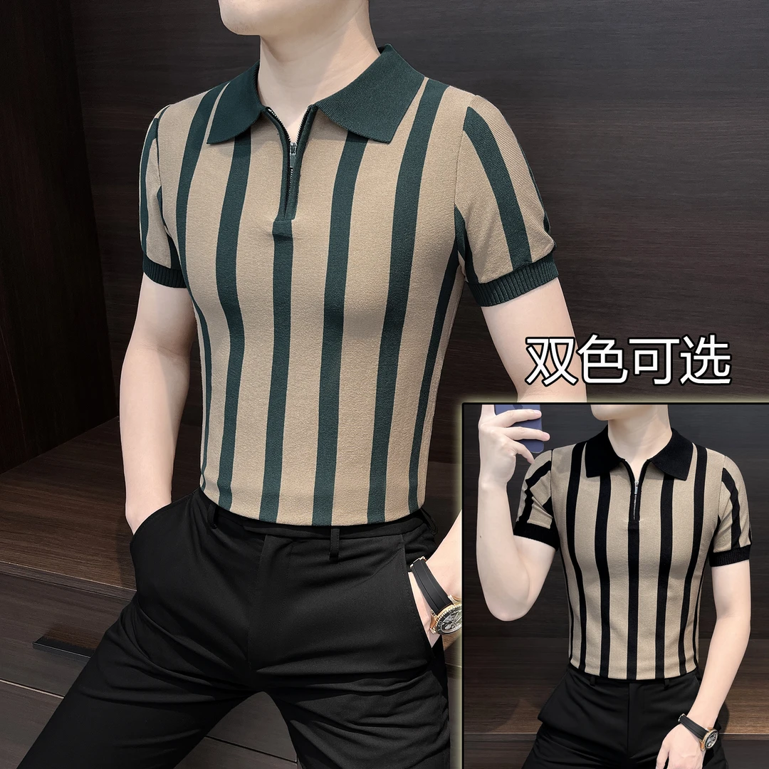 半拉链条纹polo衫男款秋季款潮流痞帅高级感男装针织短袖男士t恤