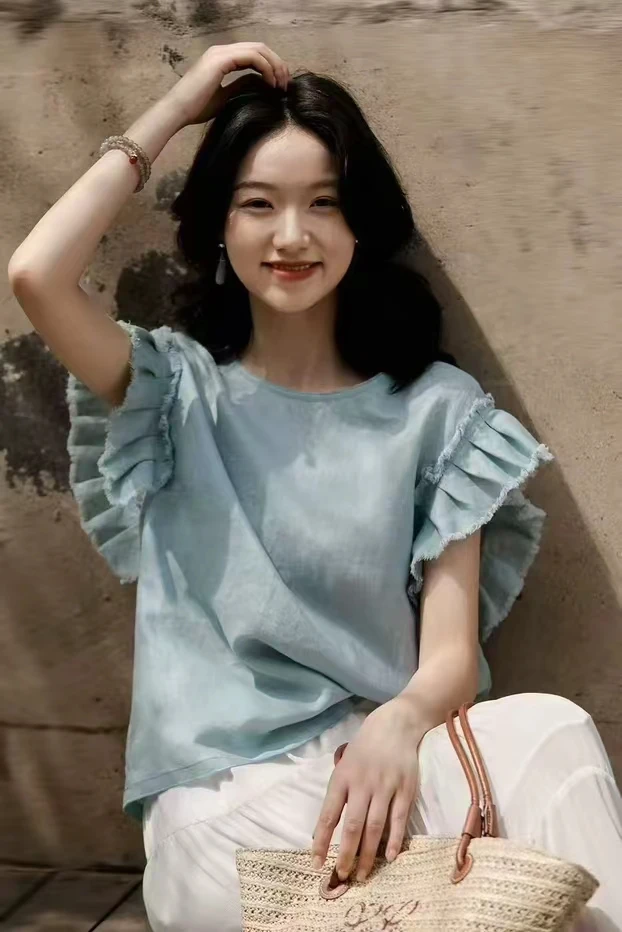 夏季新款韩版气质V领落肩盖袖薄款苎麻衬衫女时尚洋气