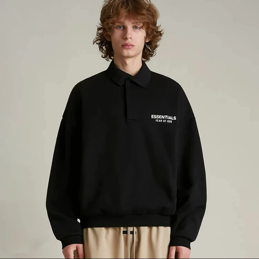 24FW/ESSENTIALS后背撞色大LOGO烫标POLO领卫衣休闲美式