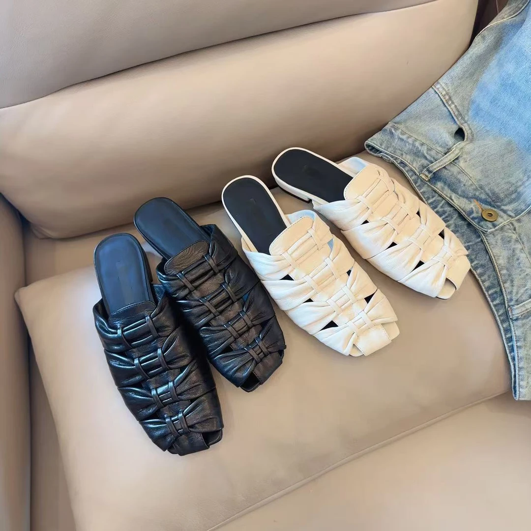 夏季百搭纯色低跟罗马风镂空包头半拖鞋260-051