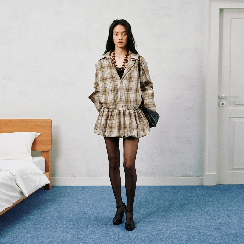 NUTH复古格纹短款花苞连衣裙女