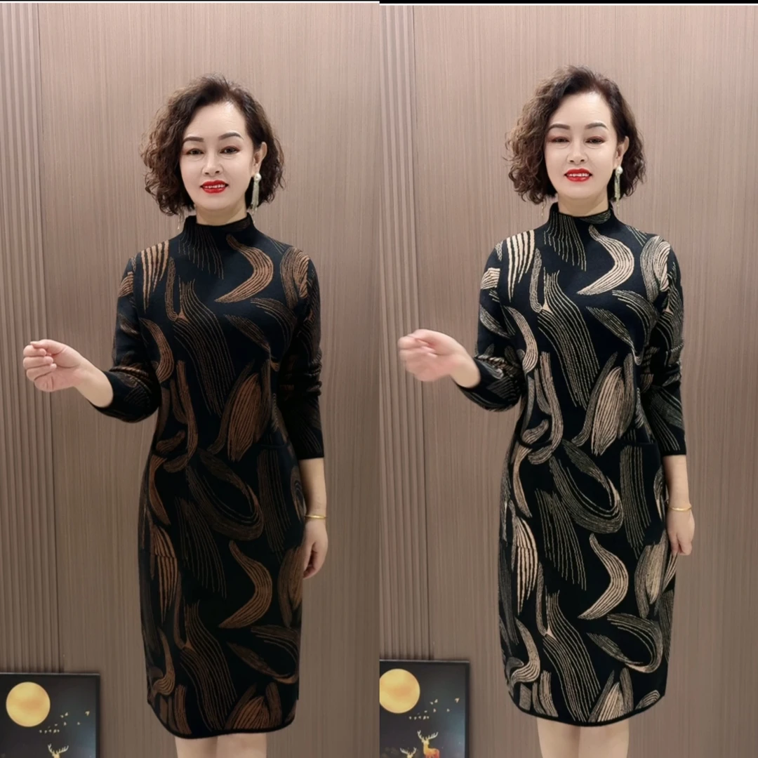 Xe秋冬时尚显瘦半高领过膝花色针织遮肚加绒气质连衣裙冬季