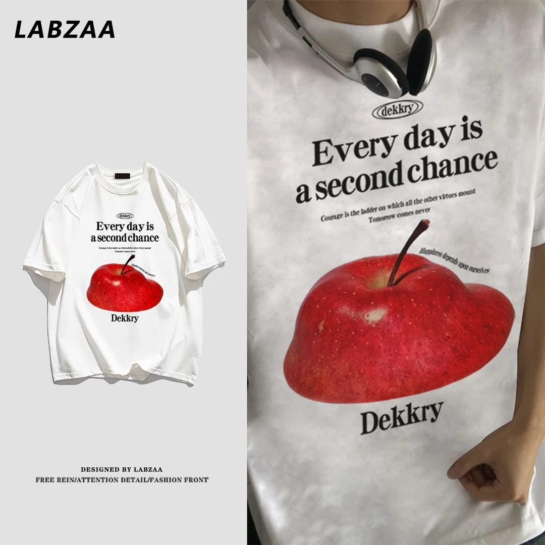 labzaa美式个性苹果字母印花短袖t恤男女夏季ins休闲百搭宽松上衣