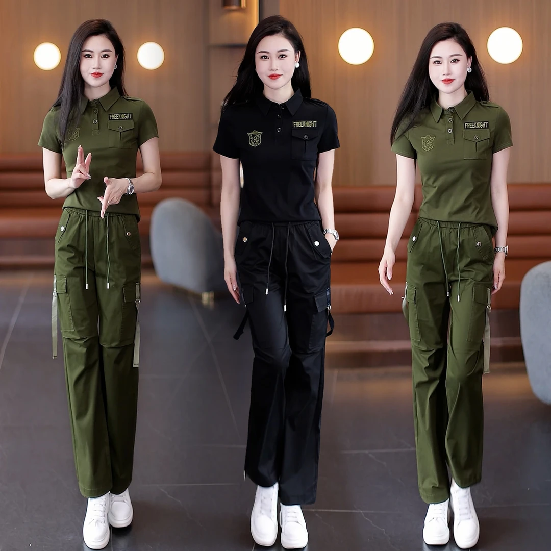 春秋2025新款迷彩服套装女时尚显瘦水兵舞工装套装女夏潮炸街运动