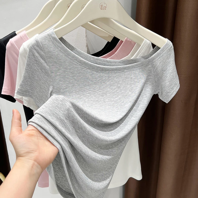 灰色斜领莫代尔T恤打底衫女款2025夏季爆款露肩短袖上衣修身小衫