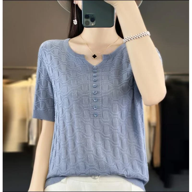【恒利源】莱赛尔天丝清凉舒适夏季V领针织短袖显瘦气质时尚百搭套