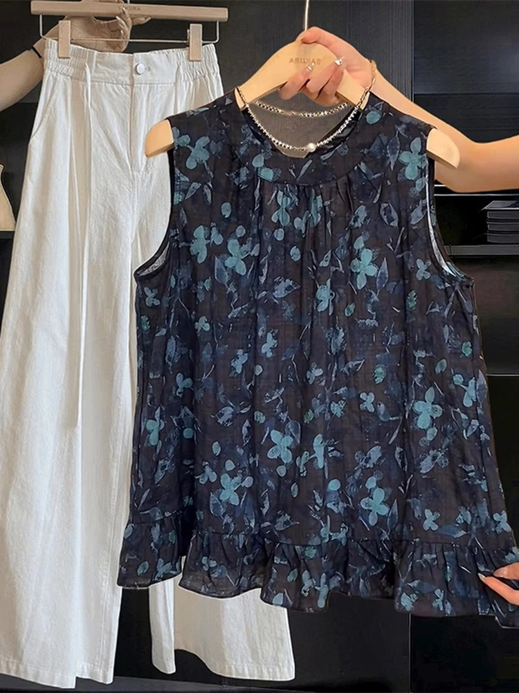 【松烟入墨】法式复古碎花无袖背心衬衫女夏季外穿荷叶边纯棉上衣