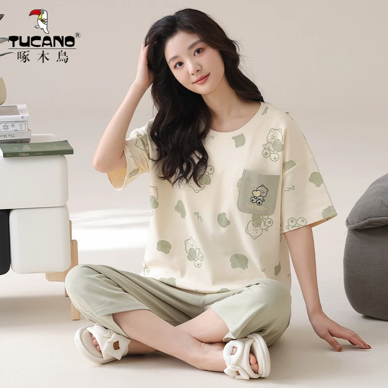 啄木鸟睡衣女夏薄款带胸垫短袖七分裤中裤夏季纯棉两件套装家居服