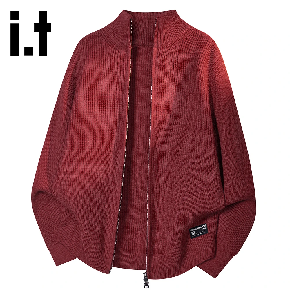 it:CHOCOOLATE中国红立领拉链开衫毛衣男士2025秋冬保暖休闲外套