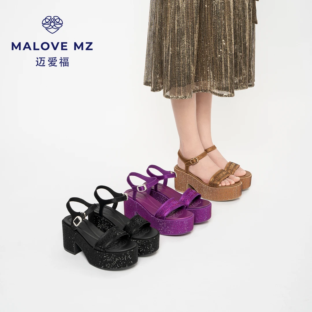 MALOVEMZ2025夏季新款时尚复古厚底粗跟露趾烫钻凉鞋高跟鞋女
