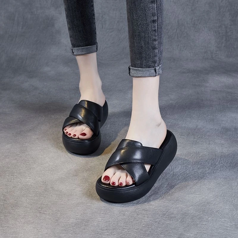 拖鞋女夏外穿简约百搭真皮厚底松糕凉拖鞋舒适轻便软底复古一字拖