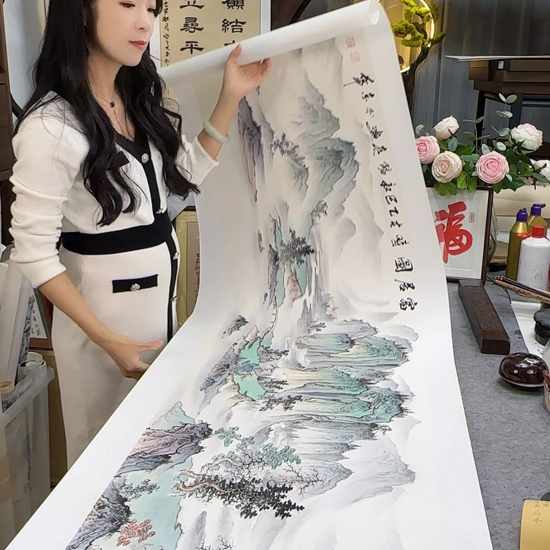 国画伊人阳亮青绿山水