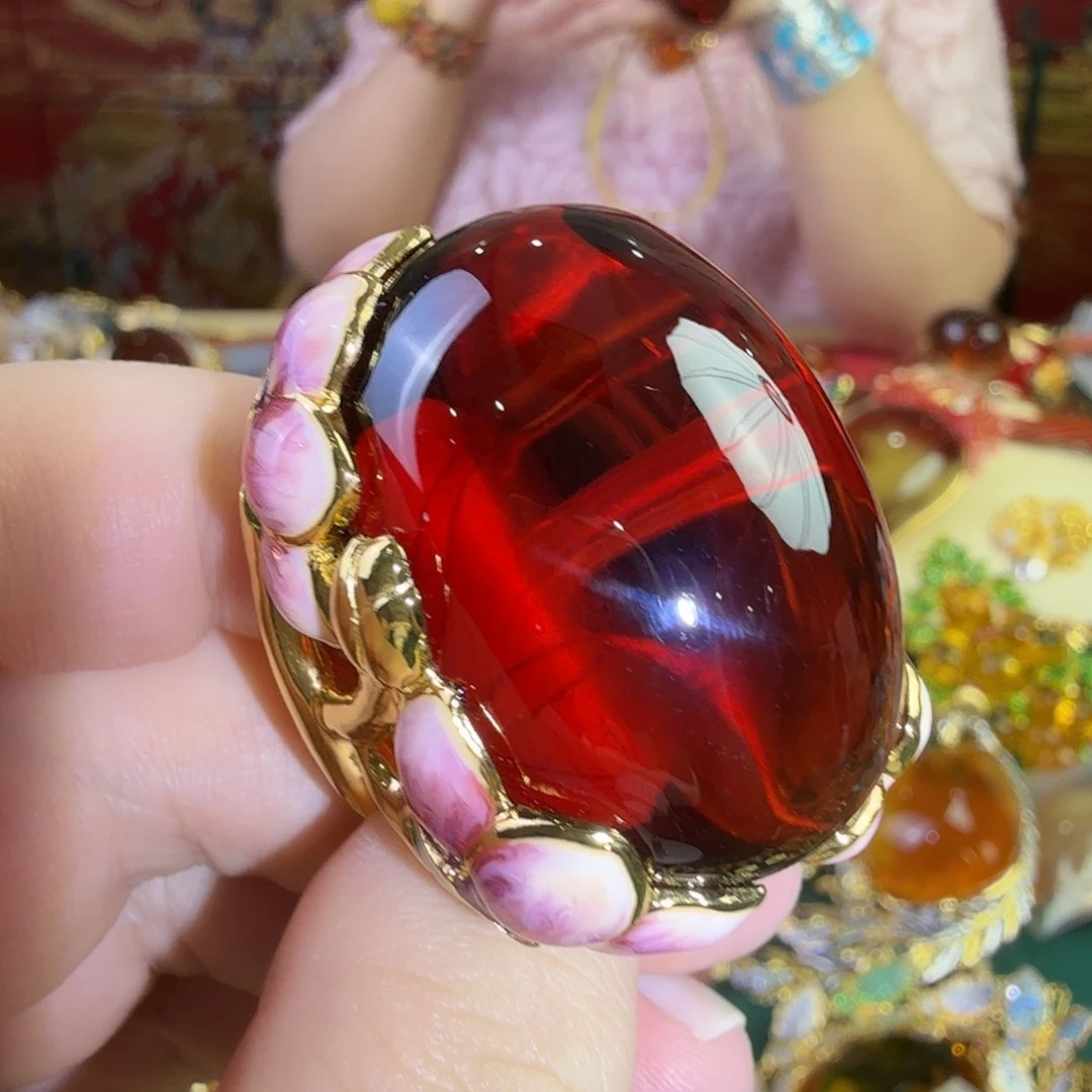 血珀银S925镀金镶嵌戒指