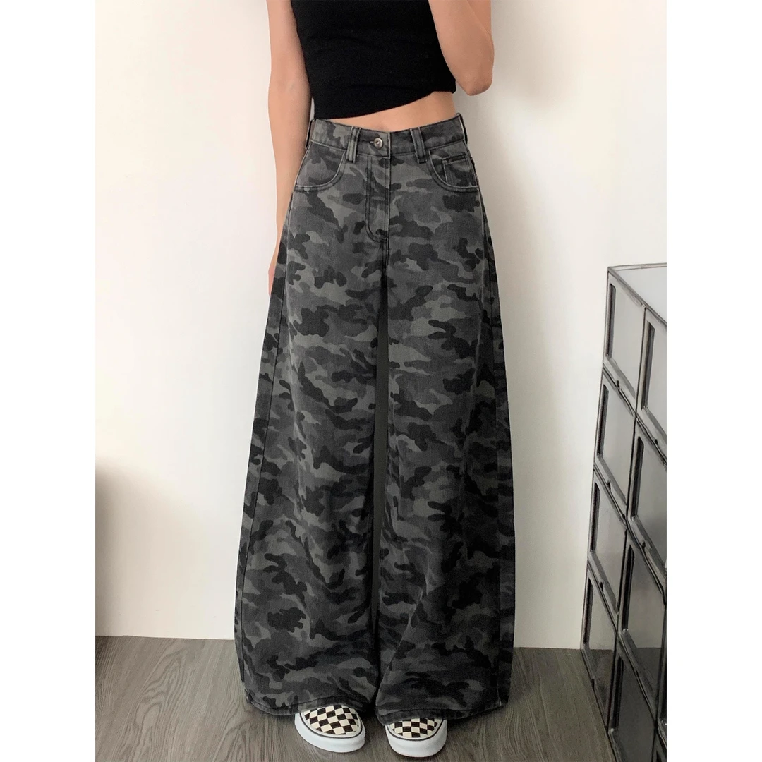 美式高街工装迷彩牛仔裤女夏季新款胖妹妹mm高腰宽松显瘦阔腿长裤
