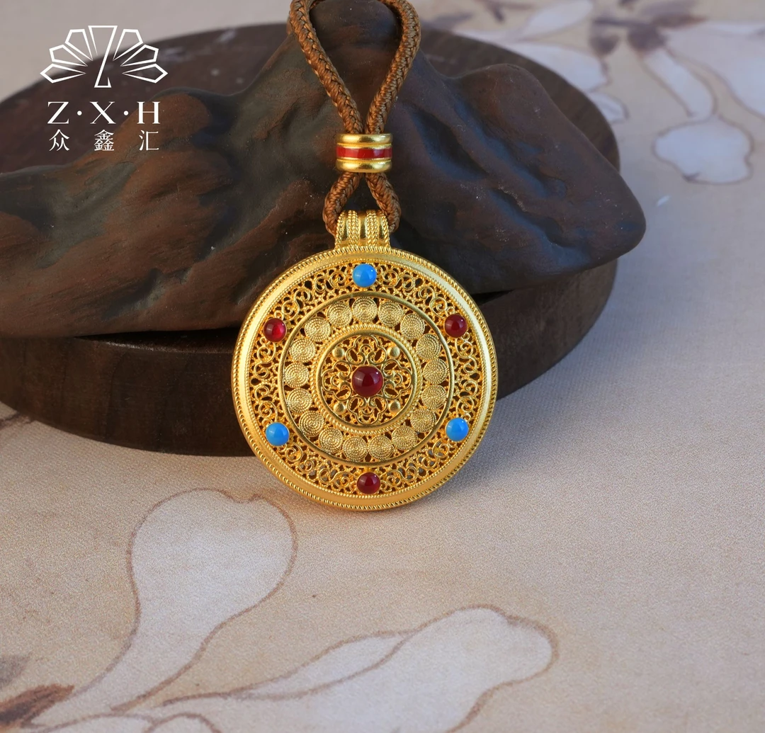 {众鑫汇}足金999  珐琅祥云花丝如意八宝罗盘吊坠