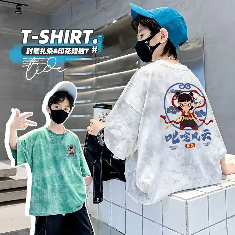 哪吒爆款夏季男童短袖T恤扎染中大童男孩帅气卡通印花儿童上衣潮