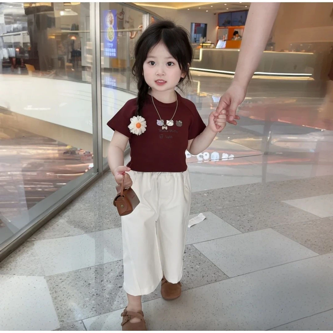 女童韩系显白套装夏季2025新款儿童宝宝kt猫短袖T恤阔腿裤两件套