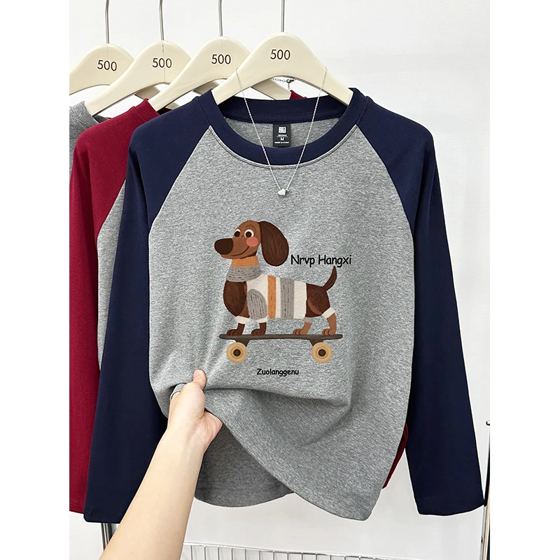 2025秋季新款插肩圆领长袖t恤女大码胖mm显瘦洋气设计感撞色上衣