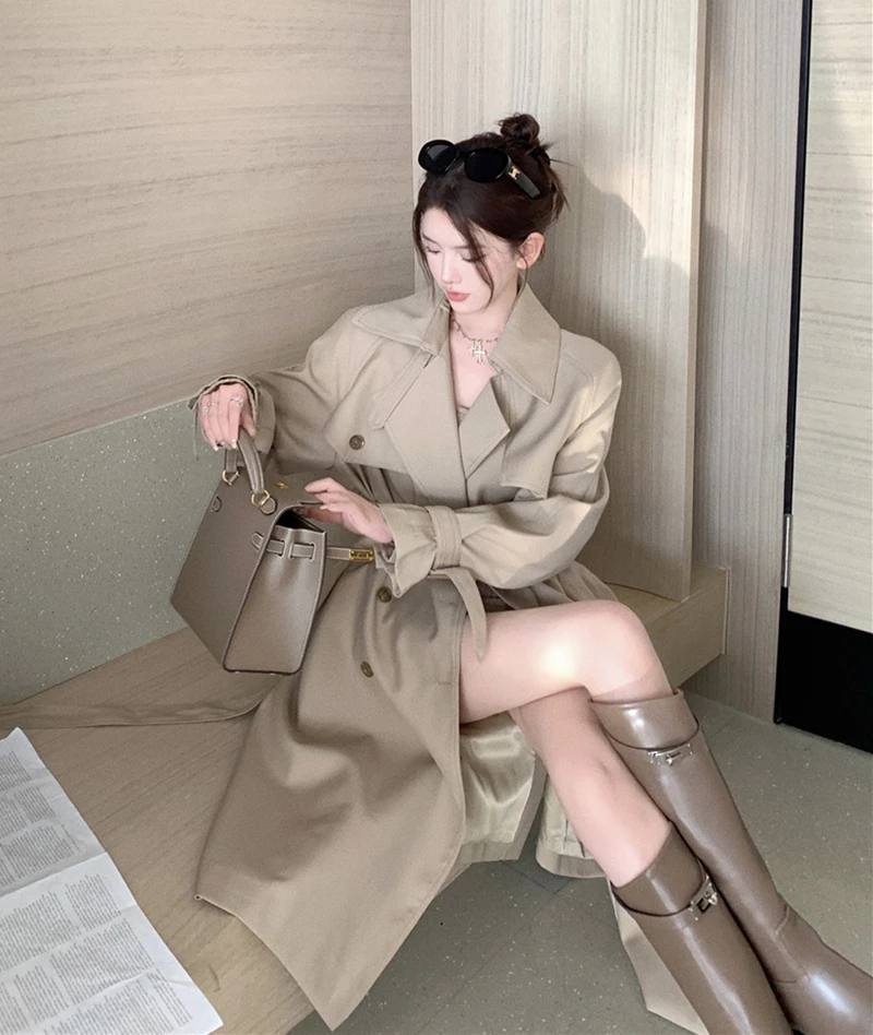 韩版卡其色小众设计感双排扣长袖风衣女法式气质休闲百搭长款外套