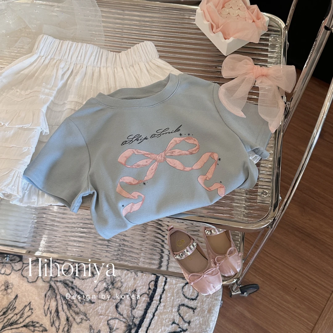 Xian【蓝色茉莉】三Hihoniya~2024春款浅蓝色蝴蝶结亲子短袖T恤