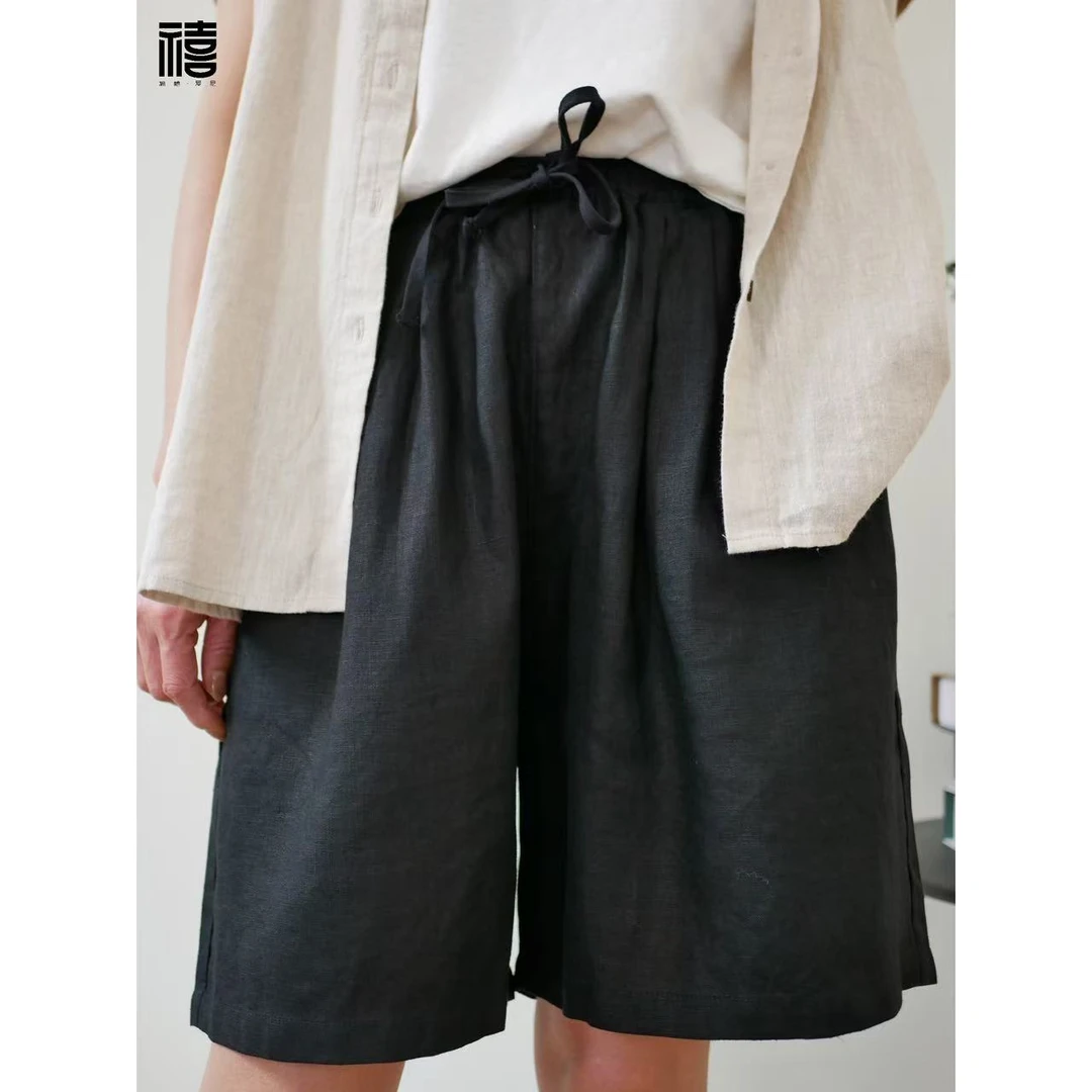 兰姐服饰直播间夏季新款时尚百搭中性款纯亚麻短裤1057