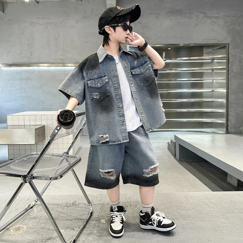 男童夏装破洞套装儿童中大童夏季新款短袖两件套小男孩洋气衣服