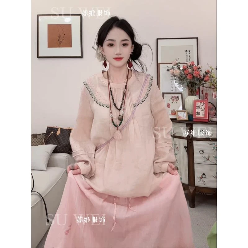 【维揽】9509长袖针织薄款苎麻长款春季外套立领中国风圆领上衣提花