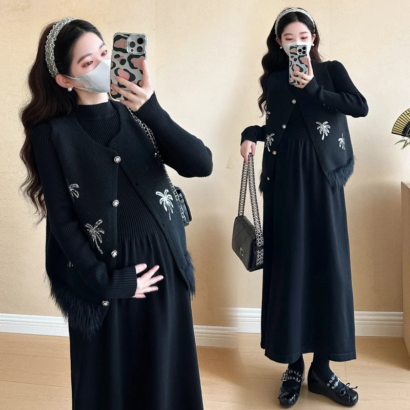 孕妇装秋冬新款重工烟花连衣裙孕期洋气外穿高级感上档次待产裙子