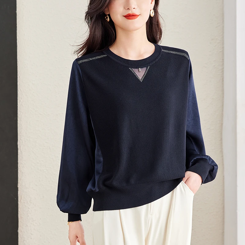 大码女装胖mm秋装打底衫洋气减龄气质上衣2025新款薄款拼接针织衫