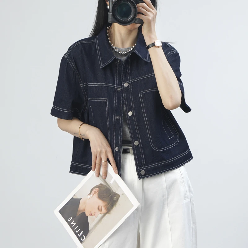 2025年夏季明线短袖牛仔衬衫短外套薄款女小个子上衣翻领洋气开衫
