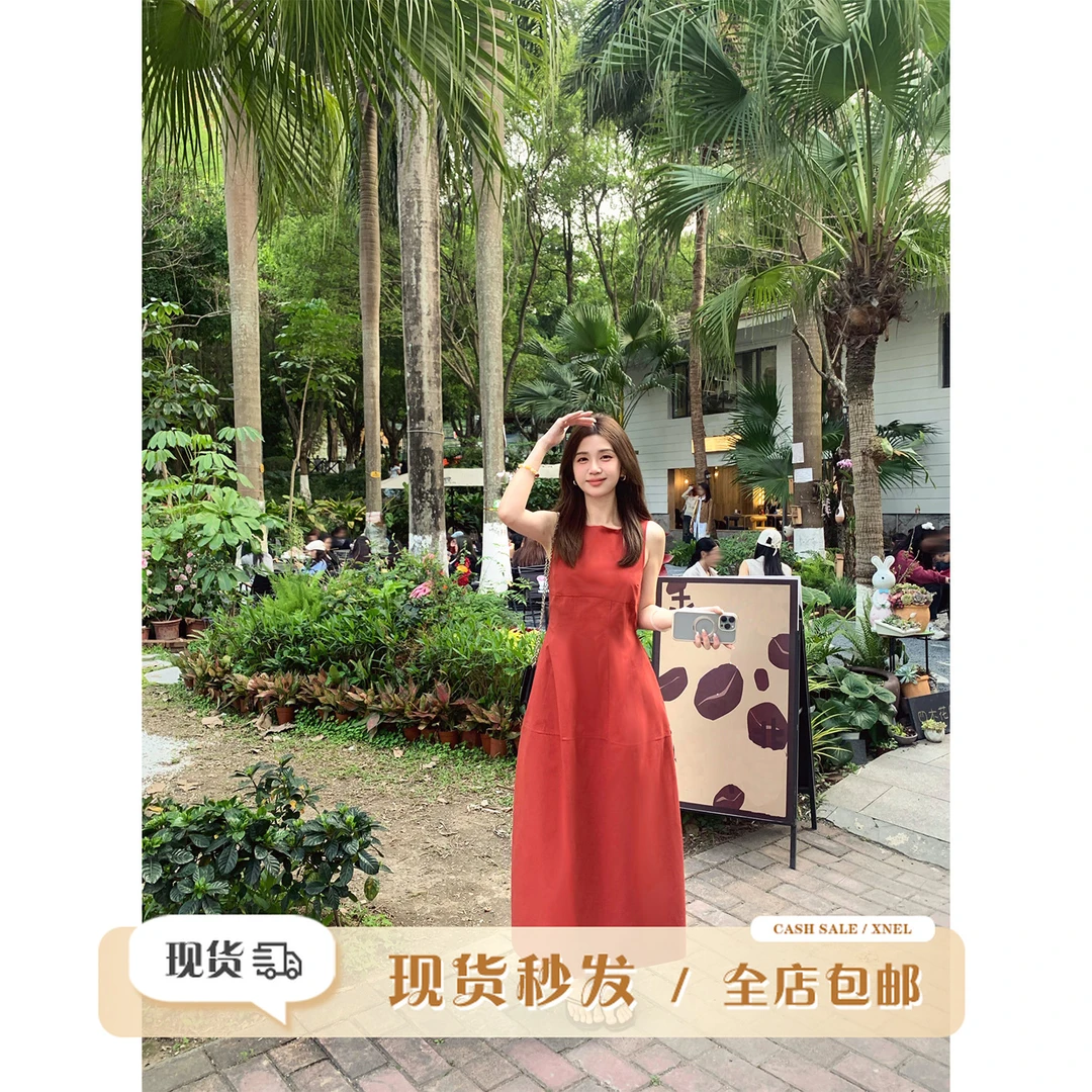 现货陳文文【仲夏玫瑰】夏季小个子无袖极简风显瘦连衣裙长裙L5944