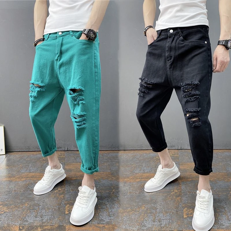 2025新款男士大破洞小脚牛仔裤韩版潮流七分裤修身情侣束脚哈伦裤